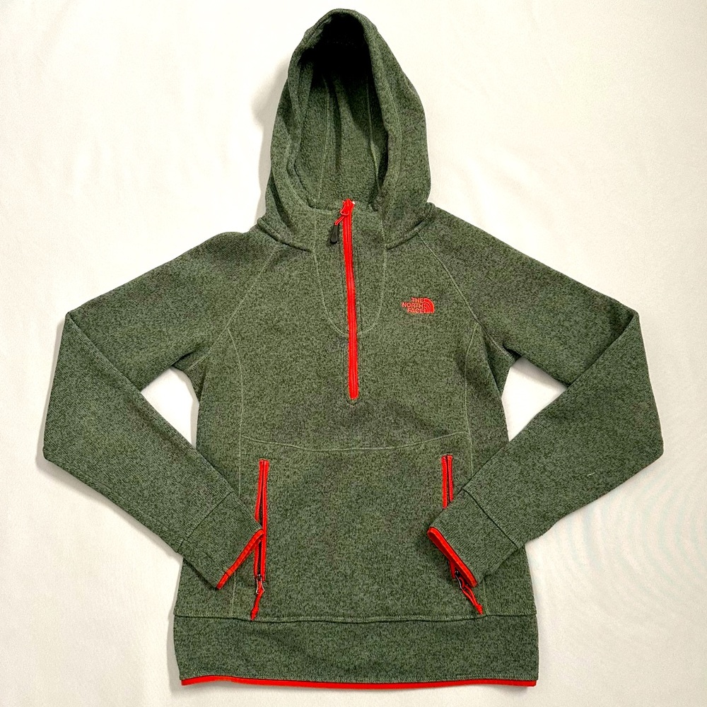 Forest Green & Coral North Face Half Zip Hooded Sweatshirt Size XS